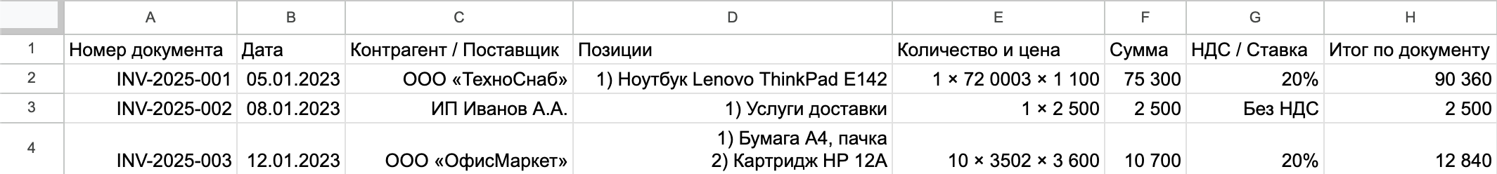 Как собрать накладные в одну таблицу