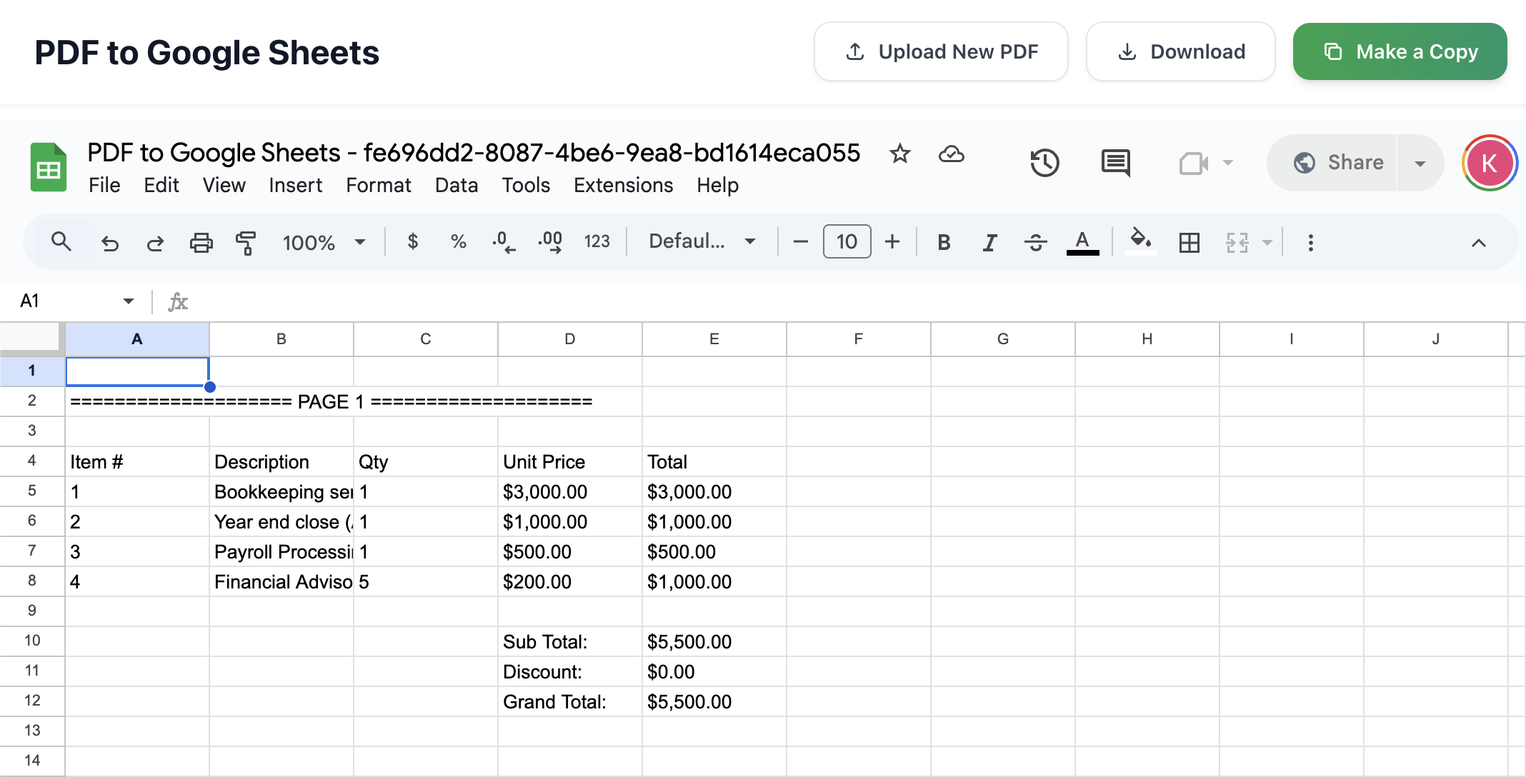 How to extract a table from PDF to Sheets